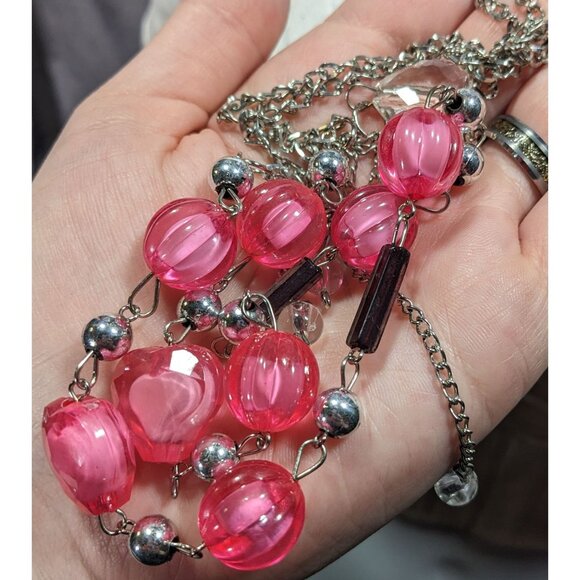 Coquette Heart Pink And Silver Tone Station Necklace With Tassel Accent - Picture 4 of 7